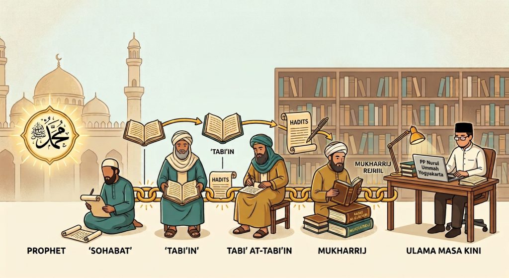Ilustrasi sanad yang menyambung dari rawi ke rawi